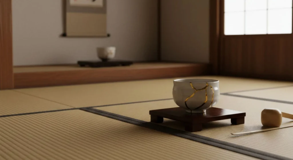 Traditional Japanese tea room interior where kintsugi repaired tea bowls were treasured