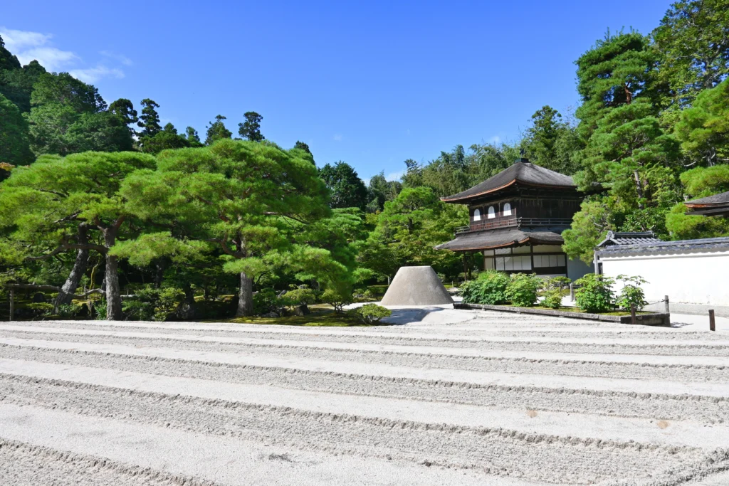The Ginshadan (Sea of Silver Sand) at Ginkaku-ji Temple, featuring meticulously raked white sand in a vast geometric platform.