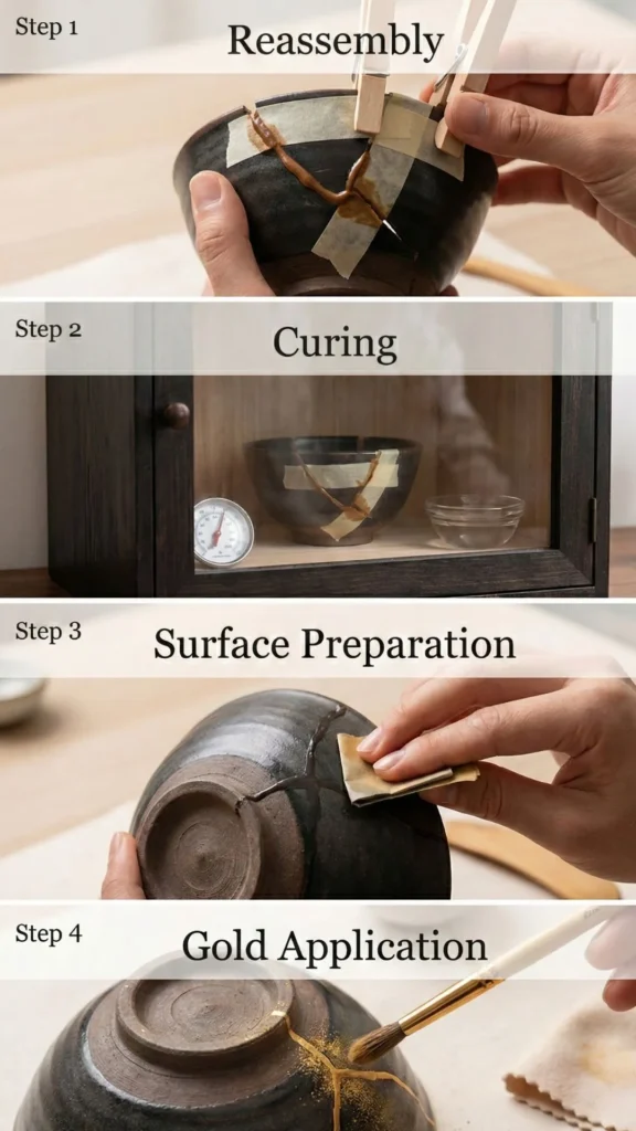 Four stages of traditional kintsugi repair process from broken pottery to gold application