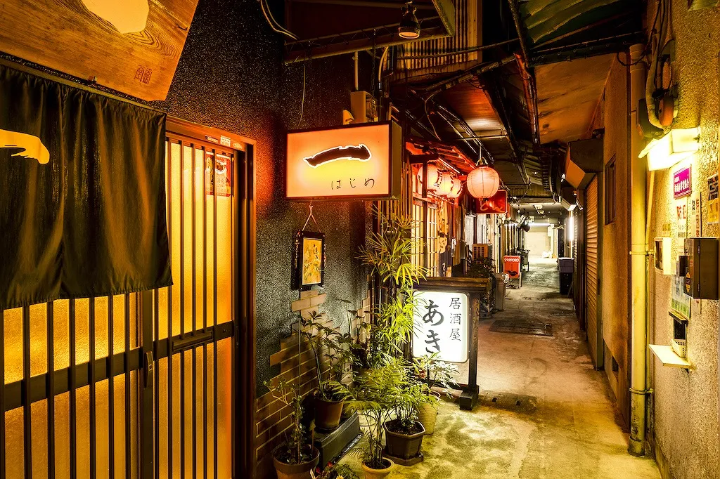 A warm red lantern (chochin) and a noren curtain at the entrance of a traditional wooden izakaya in a narrow Kyoto alley.