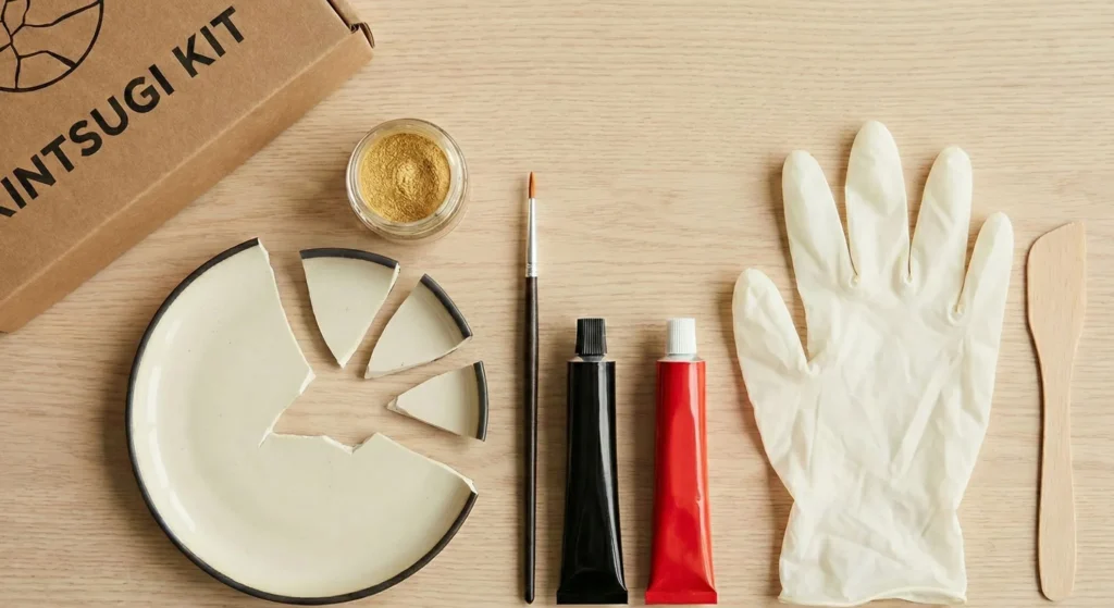 Kintsugi beginner supplies including broken ceramic gold powder brush and adhesive laid out on workspace