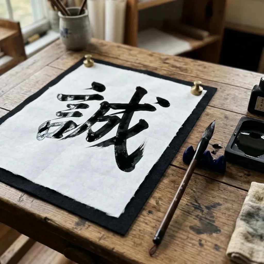 Finished Japanese calligraphy shodo single kanji character on white paper with brush and ink nearby