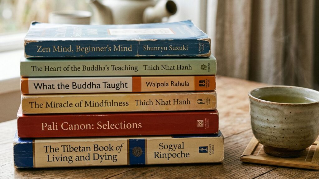 Best Buddhist books collection stacked on wooden surface with natural light for reading guide