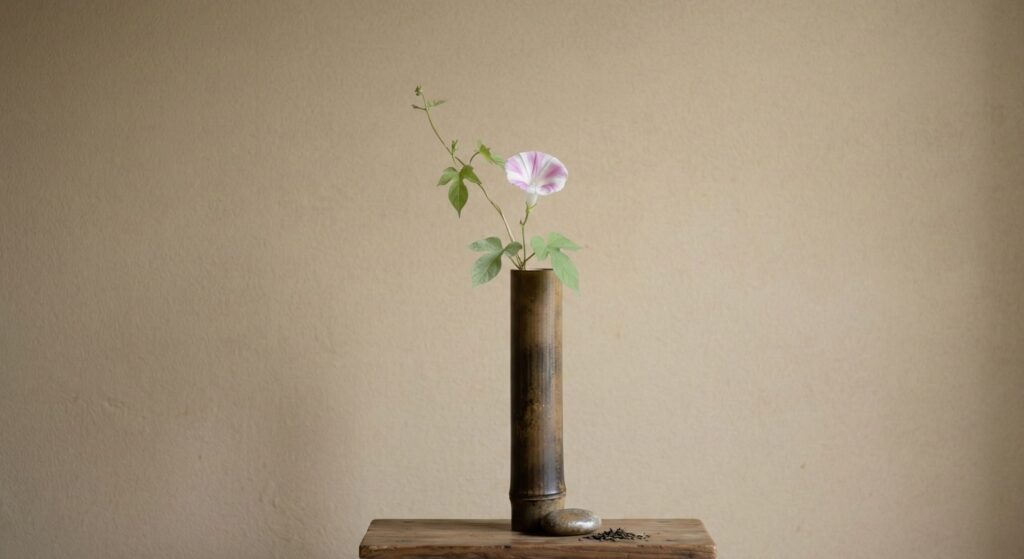 A minimalist Japanese tea flower arrangement (Chabana) featuring a single pink and white morning glory with a delicate vine in a tall, dark bamboo vase. The vase stands on a rustic wooden base next to a small smooth stone and loose tea leaves against a neutral sand-colored wall.