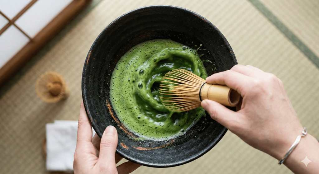 Whisking matcha with bamboo chasen in raku tea bowl during Japanese tea ceremony