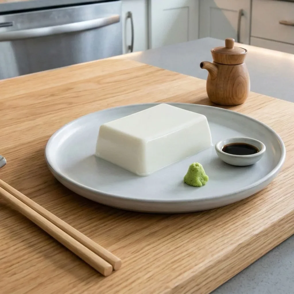 A clean, minimalist presentation of a rectangular block of smooth white sesame tofu on a light gray plate, served with a small mound of wasabi and a side of soy sauce on a wooden board.
