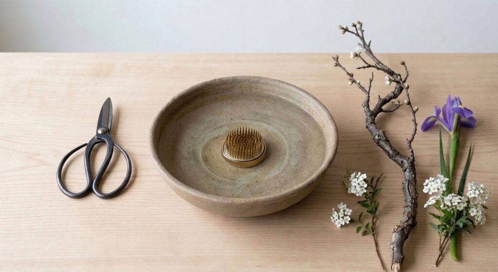 A top-down view of Ikebana preparation on a light wooden table, featuring traditional Japanese floral shears, a rustic ceramic basin filled with water and a brass kenzan, and various floral materials including a flowering branch, a purple iris, and delicate white blossoms.