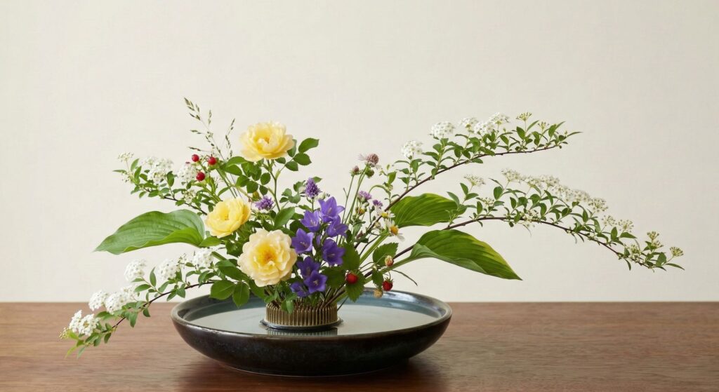 A Moribana-style Japanese floral arrangement in a shallow dark blue basin on a wooden table. The arrangement features yellow roses, purple bellflowers, trailing white spirea, and broad green hosta leaves, with a kenzan visible at the base against a plain light background.