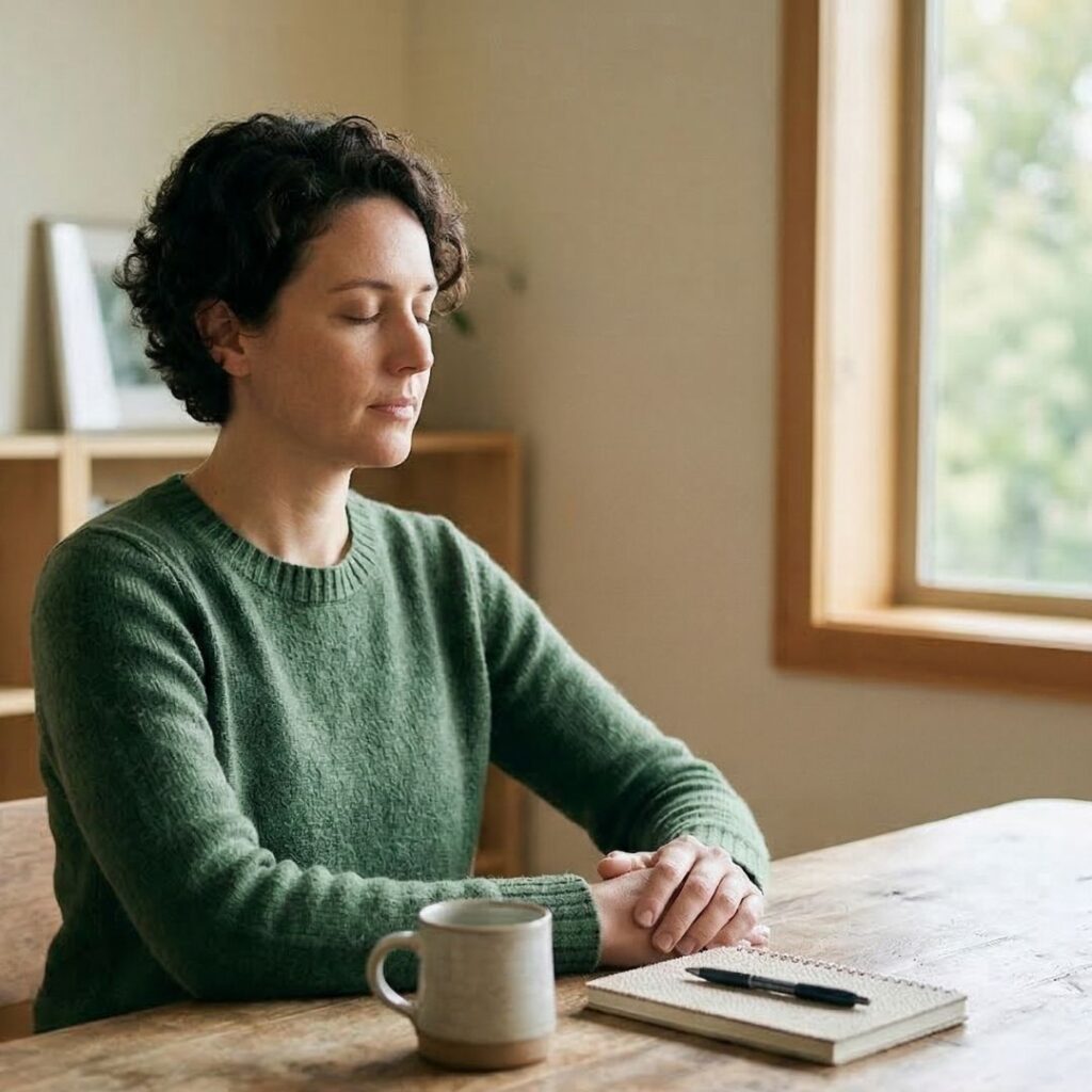 Person taking a mindful pause with eyes closed before a difficult conversation in quiet workspace