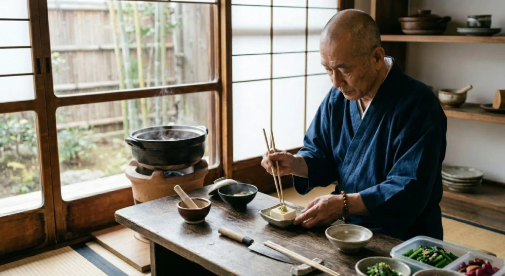 Traditional Japanese Zen temple kitchen with simple wooden surfaces and natural light for shojin ryori preparation
