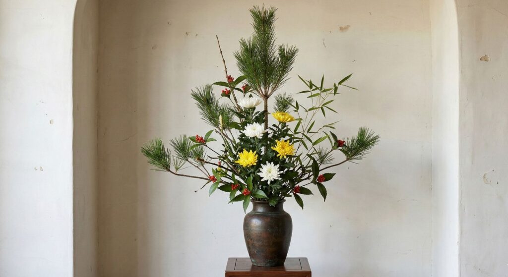 A formal Japanese Rikka-style floral arrangement in a dark bronze vase, featuring a tall central pine branch, yellow and white chrysanthemums, bamboo leaves, and red berries. The arrangement is displayed on a wooden stand within a minimalist white alcove.