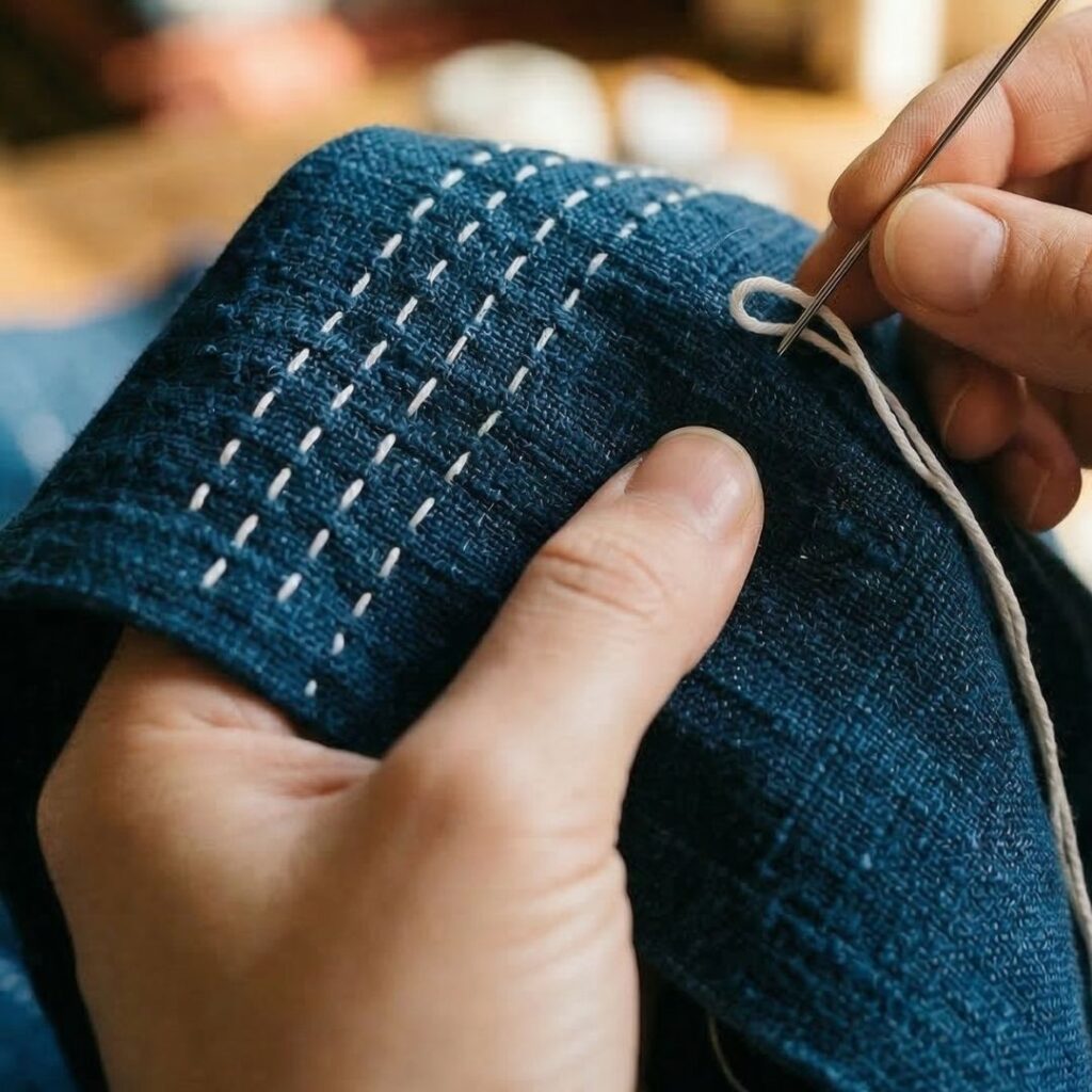 A close-up photograph capturing the hands of an artisan performing Sashiko stitching. One hand holds a piece of deep indigo-dyed linen, already featuring multiple rows of precise, horizontal white running stitches. The other hand guides a long, thick needle, demonstrating the technique of the thread forming a loop as it passes through the fabric. The focus is sharp on the texture of the fabric, the tension of the thread, and the rhythm of the work.