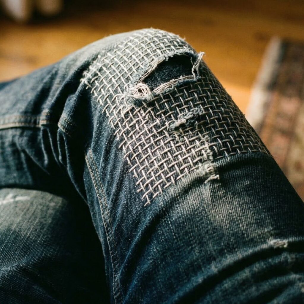 A first-person perspective shot of a person sitting with their legs crossed, wearing dark indigo jeans. The knee area features a large, rectangular patch of visible mending using white Sashiko thread. The repair consists of a dense, grid-like pattern of tiny uniform stitches, reinforcing a frayed hole and creating a textured, decorative surface that celebrates the garment's longevity.