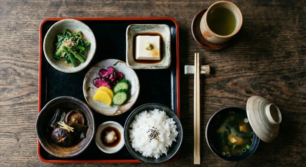 Traditional shojin ryori Buddhist vegetarian meal with multiple small dishes on lacquered tray