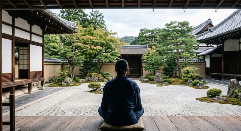 Visitor sitting alone on wooden veranda contemplating Zen rock garden in Kyoto temple