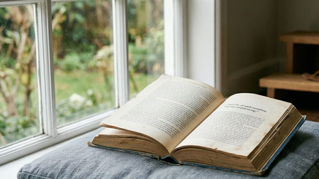 Buddhist book open on meditation cushion beside window natural light quiet reading contemplative practice