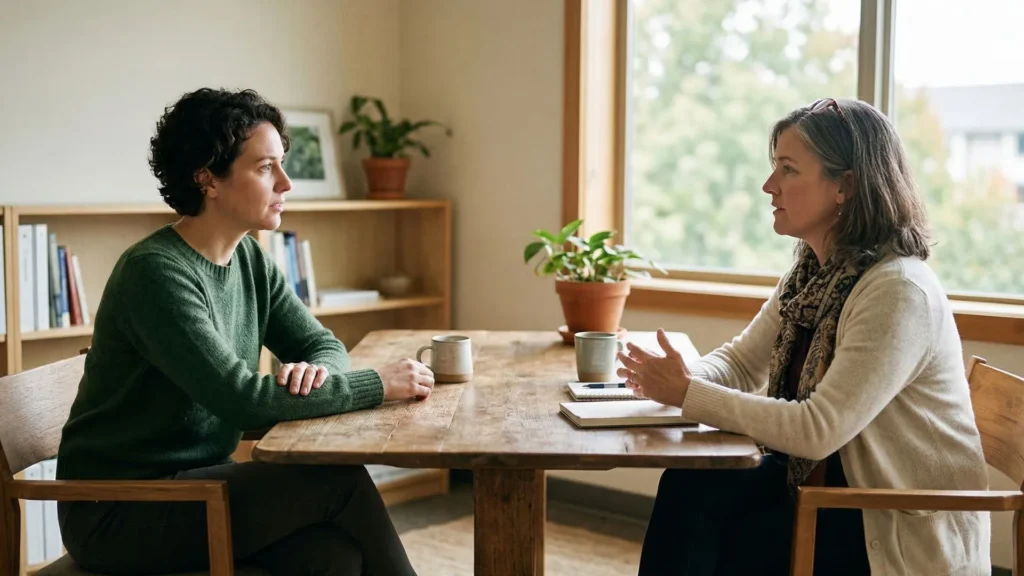 Two people having a difficult conversation in calm setting with open body language and warm natural light