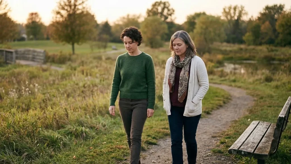 Two people walking side by side outdoors after a difficult conversation in soft natural light