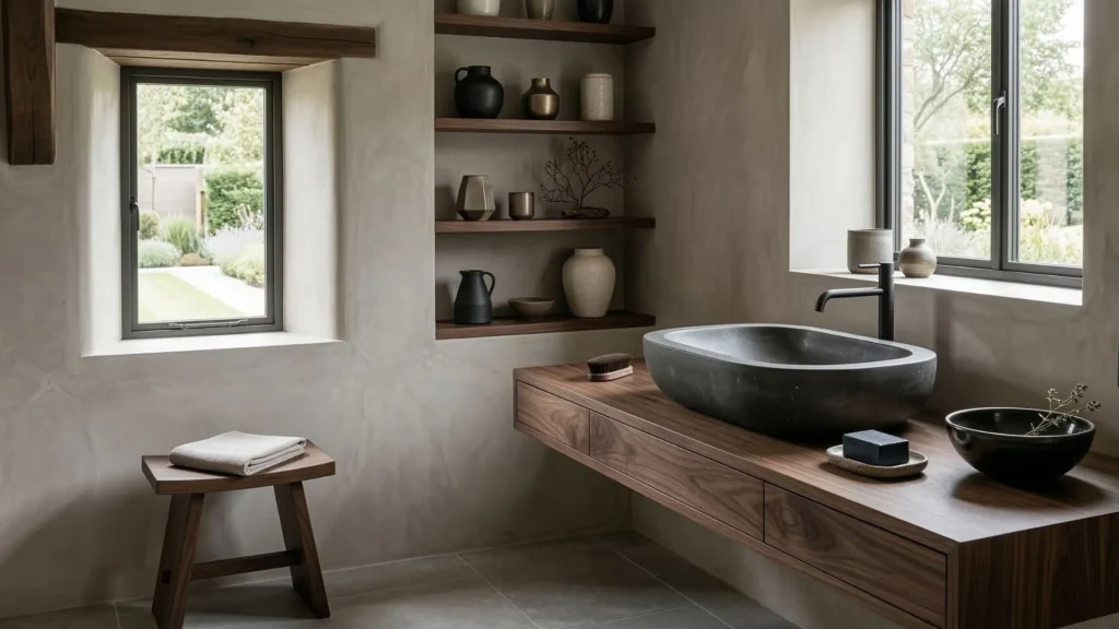 Wabi-sabi bathroom design with natural stone surface wooden stool and ceramic soap dish in soft natural light