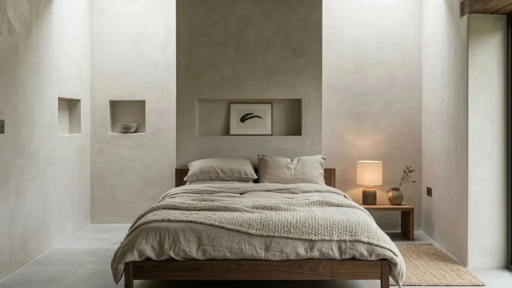 Wabi-sabi bedroom design with textured plaster walls, a wooden bed frame with linen bedding, and a glowing bedside lamp on a low wooden bench in soft natural light.