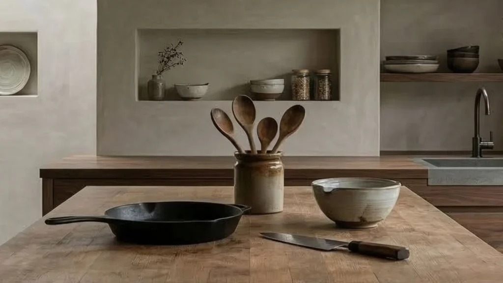 Wabi-sabi kitchen design featuring a rustic wooden island with a cast iron skillet, ceramic bowl, and chef's knife. The background shows a textured plaster wall with recessed shelving holding earthen jars and wooden spoons in a stone crock under soft, natural light.