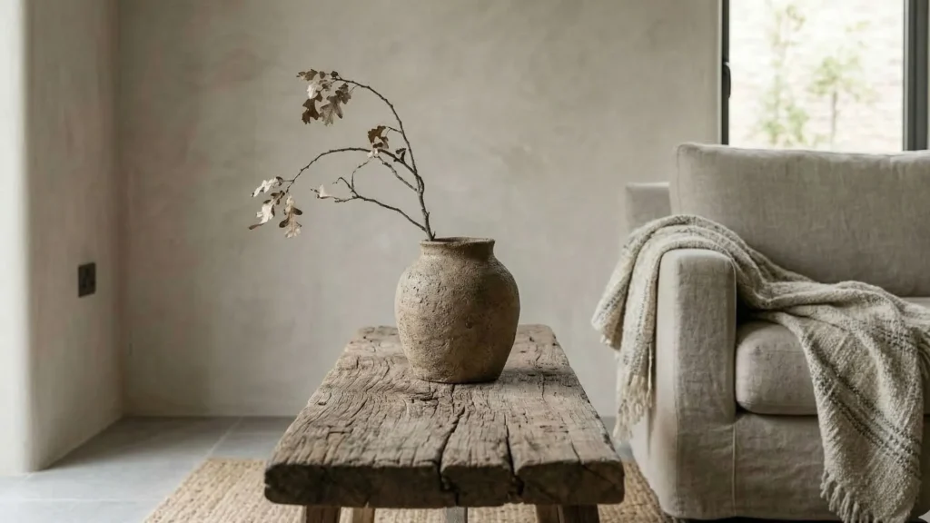 Wabi-sabi living room detail rough ceramic vase with dried branch on weathered wood surface natural light