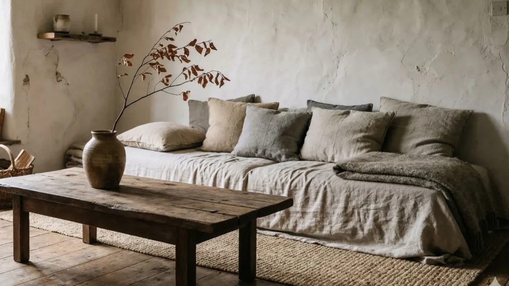 Wabi-sabi interior design living room with rough plaster walls natural wood table linen cushions and ceramic vase