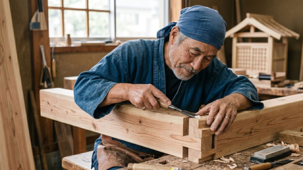 Japanese master carpenter studying timber grain before cutting traditional joinery focused attention to wood