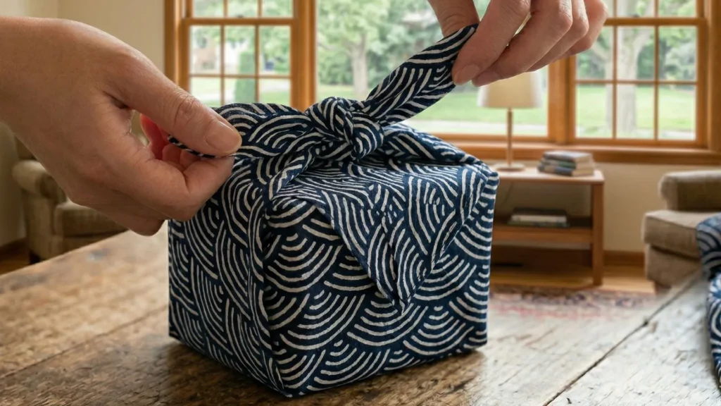 Furoshiki Japanese wrapping cloth being tied around a gift showing traditional pattern and wrapping technique