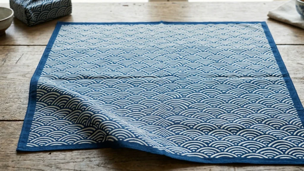 Traditional Japanese furoshiki cloth laid flat showing pattern with one corner beginning to fold potential of wrapping