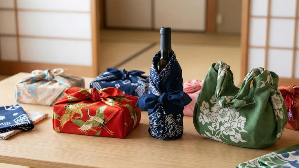Furoshiki wrapping techniques showing wrapped wine bottle gift box and bag made from Japanese wrapping cloth