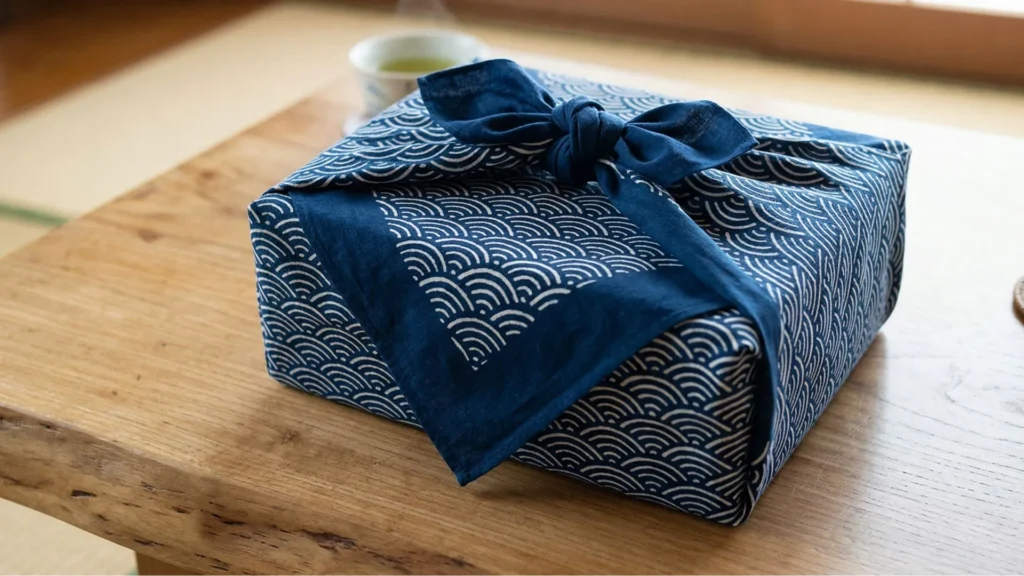 Furoshiki wrapped gift in traditional Japanese indigo cloth with elegant knot showing wrapping art