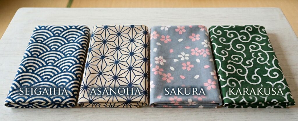 A photo of four neatly folded Japanese cotton cloths (furoshiki) placed side-by-side on a wooden surface in a Japanese-style room with a tatami mat and shoji screen background. From left to right, the fabrics display different traditional patterns: a navy and white 'Seigaiha' (wave) pattern, a navy and cream 'Asanoha' (hemp leaf) pattern, a grey and pink 'Sakura' (cherry blossom) pattern, and a green and white 'Karakusa' (vine) pattern. The name of each pattern is labeled underneath the respective cloth.