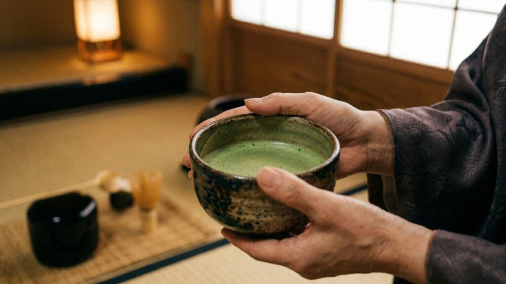 Ichigo ichie one time one meeting Japanese tea ceremony moment hands holding matcha bowl in quiet tea room
