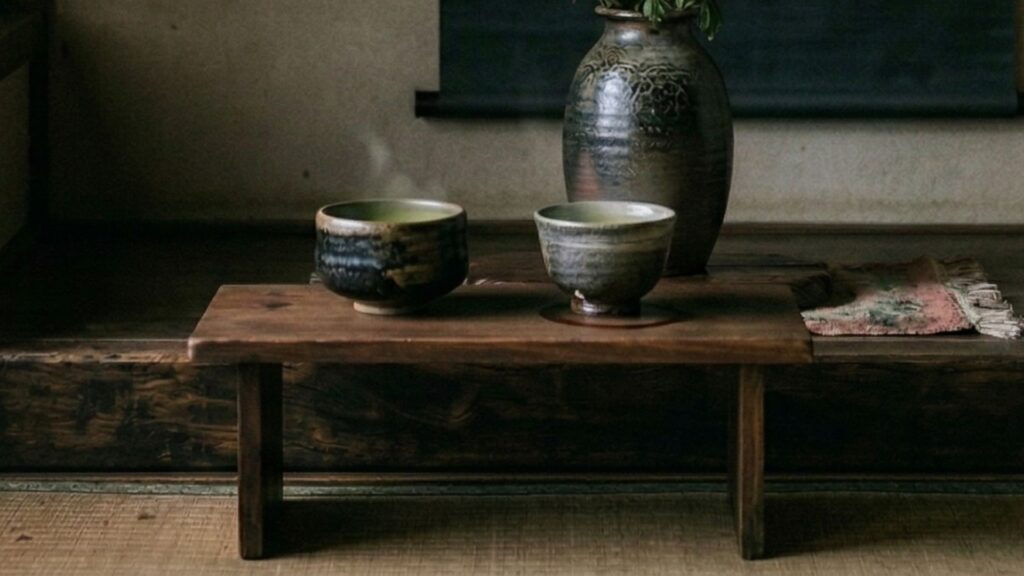 Two cups of tea on simple wooden table by window with soft light embodying ichigo ichie unrepeatable moment
