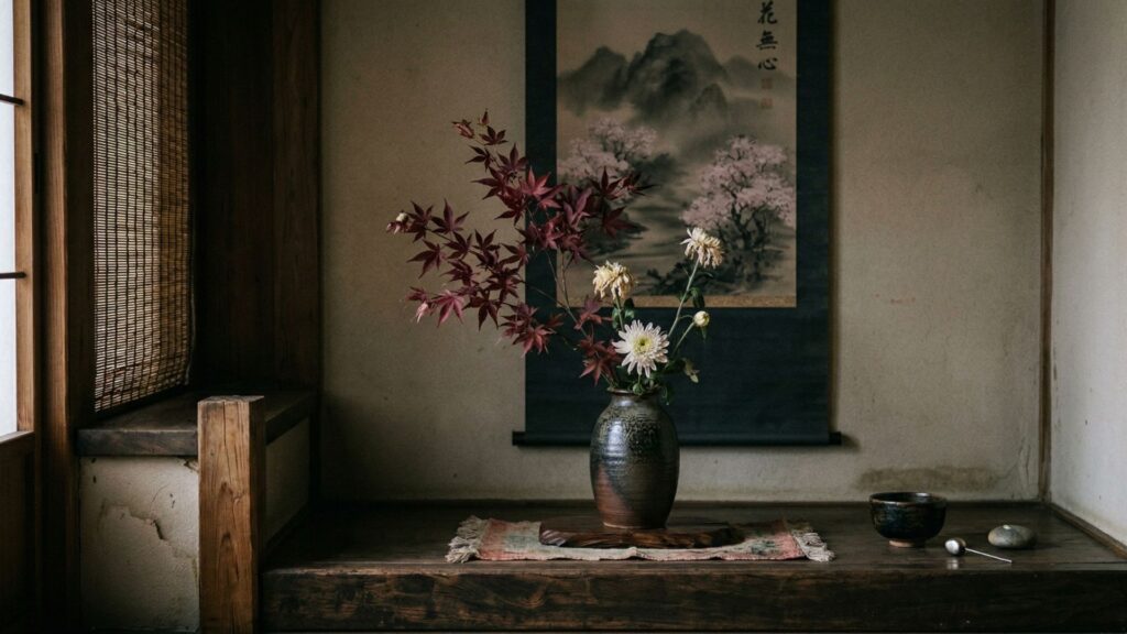 a single seasonal flower arrangement in a tokonoma ichigo ichie impermanence and unrepeatable beauty of the moment