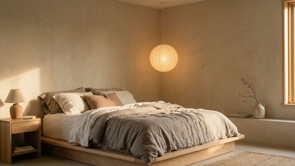 A cozy Japandi bedroom featuring a low wooden platform bed with neutral linen bedding, a hanging paper globe pendant light, and warm textured walls illuminated by soft golden sunlight.