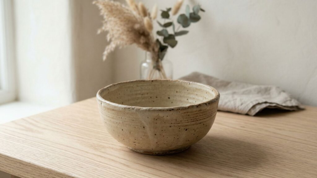 Japandi design detail handmade ceramic bowl on light oak surface with natural linen and empty space