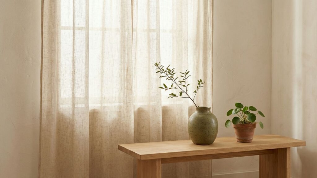 Japandi interior quiet corner with linen curtain wooden bench ceramic piece and warm natural light