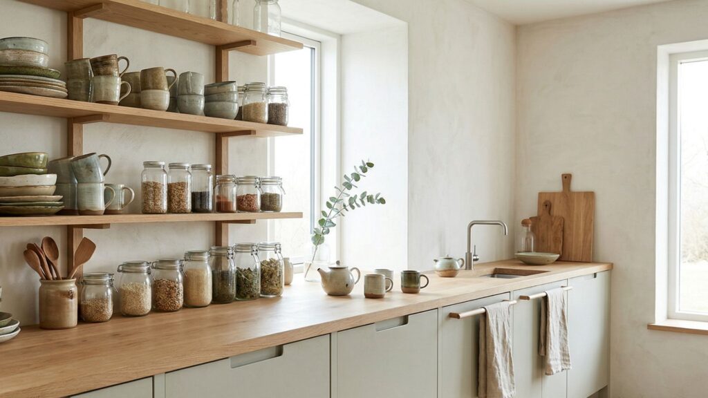 A bright Japandi kitchen featuring light wood countertops, open wooden shelving with organized ceramic mugs and glass pantry jars, and minimalist off-white cabinetry under natural window light.