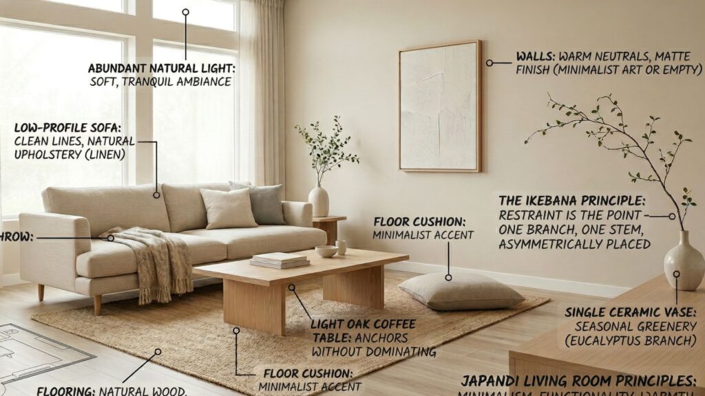 An annotated image of a Japandi-style living room detailing key design elements: a low-profile linen sofa, light oak coffee table, abundant natural light, and minimalist decor like a single eucalyptus branch in a ceramic vase following the Ikebana principle.