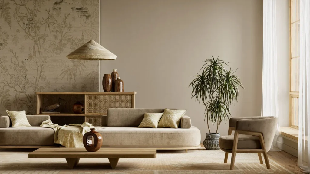 A minimalist Japandi-style living room featuring a low-profile beige sofa, a wooden coffee table, and a large indoor plant against a neutral-toned wall with traditional Japanese-inspired mural art.