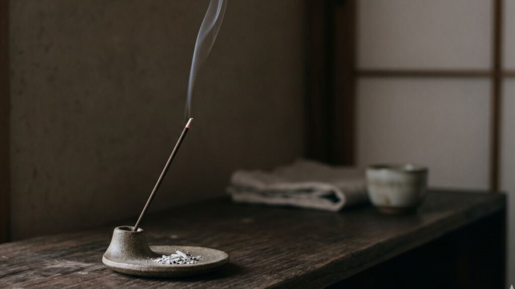 Japanese incense stick burning in ceramic holder with thin smoke trail rising in quiet room soft natural light