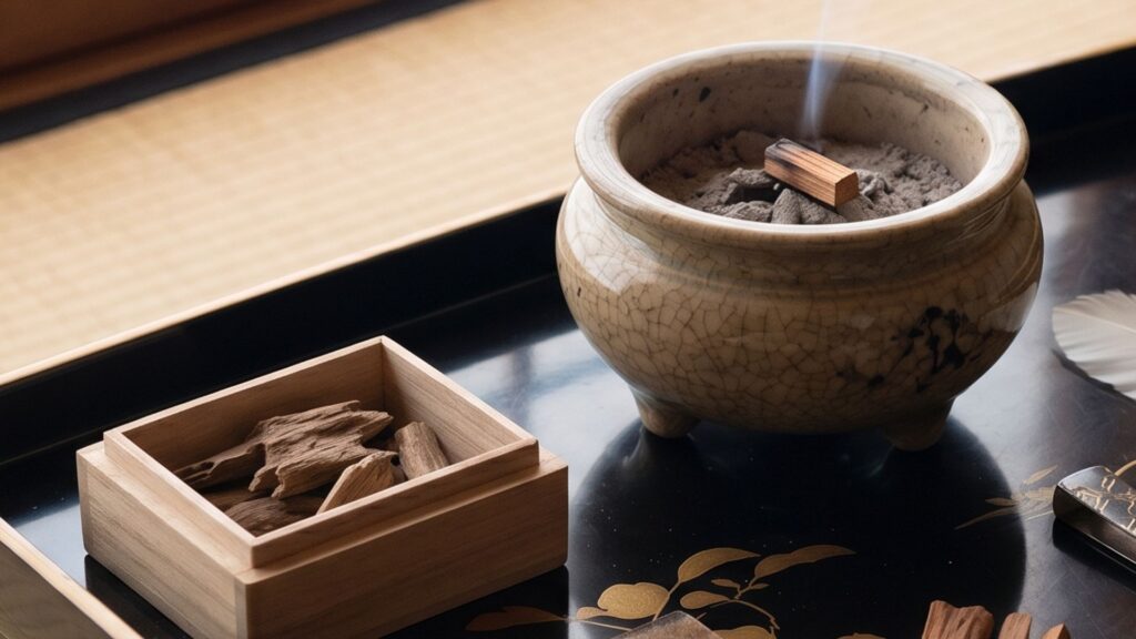 A ceramic incense burner with ash and a smoldering wood chip on a black lacquer tray, alongside a wooden box containing pieces of aromatic agarwood.
