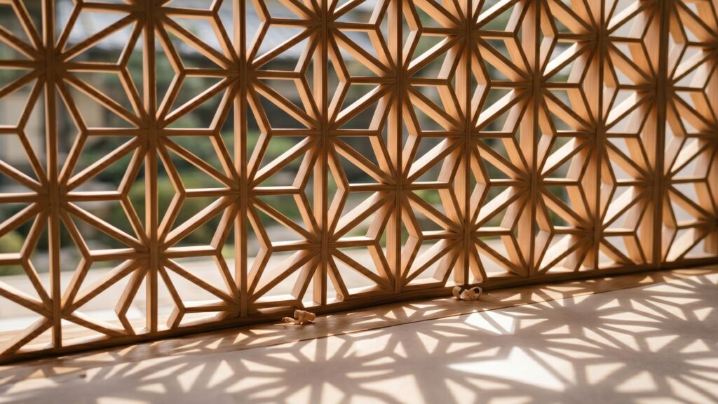 Kumiko Japanese geometric woodworking lattice panel with interlocking pieces creating asanoha pattern light and shadow