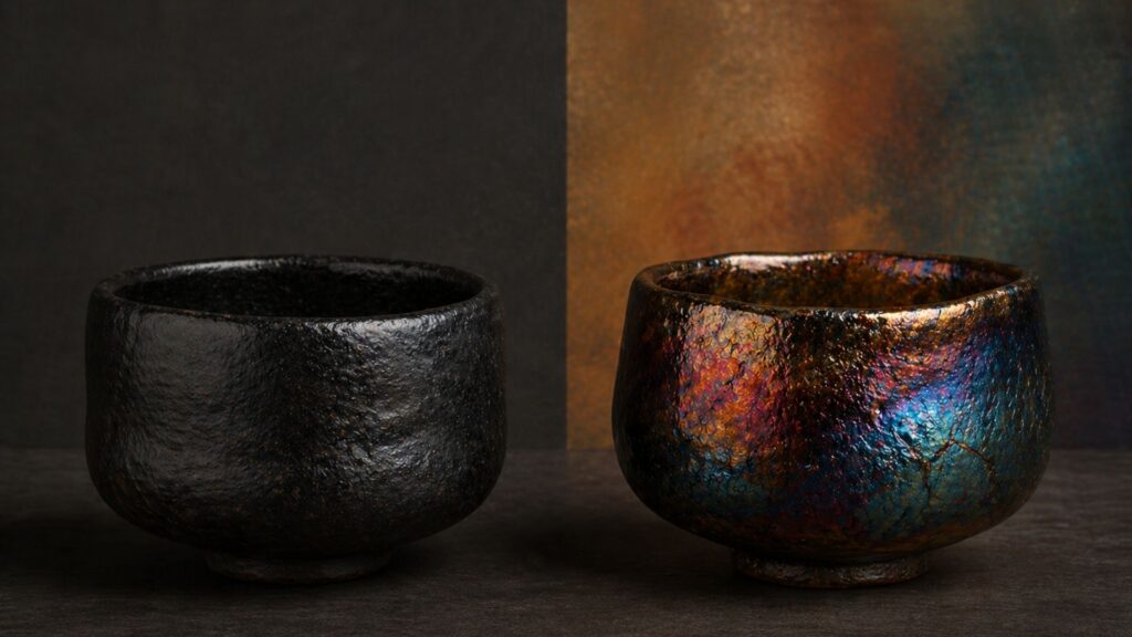 Traditional Japanese black raku tea bowl beside Western raku pottery showing contrast between quiet restraint and dramatic metallic glaze