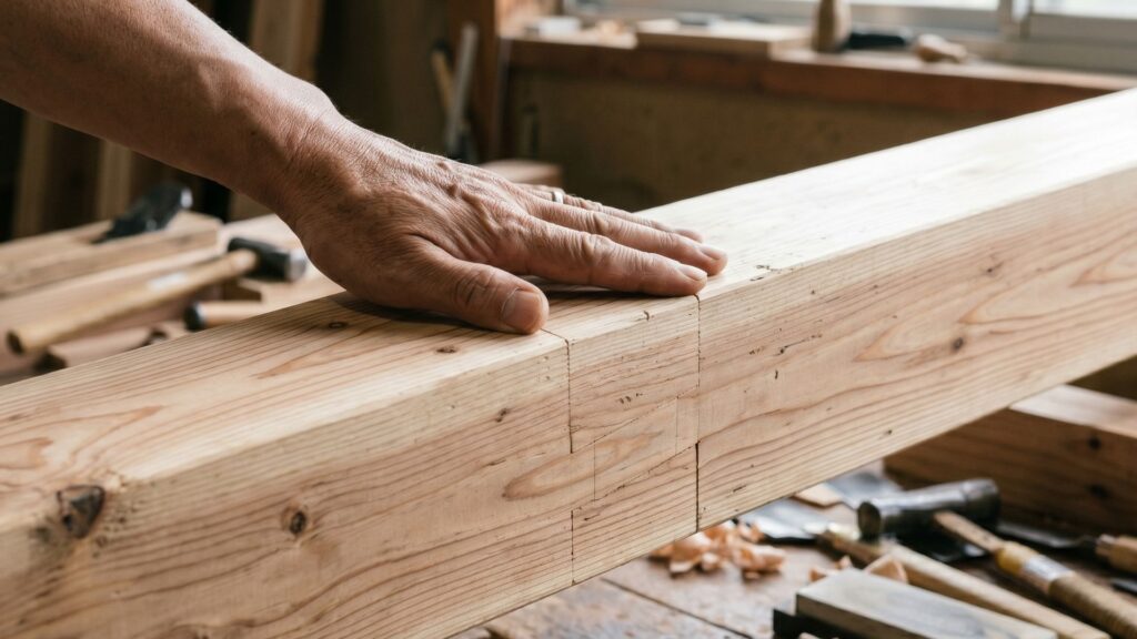 Completed Japanese woodworking joint two timbers perfectly joined seam barely visible hand touching smooth wood surface
