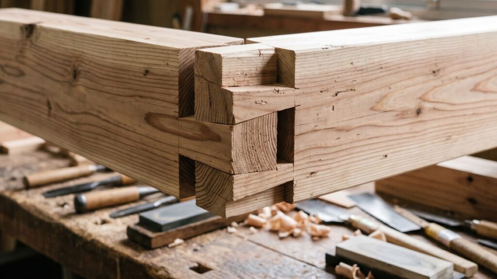 Japanese woodworking joinery two timber pieces interlocking without nails showing precision cut and natural wood grain