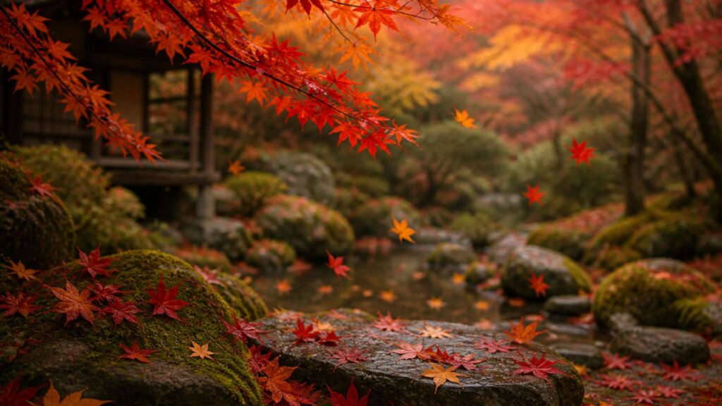 Autumn maple leaves momiji in red and gold some falling some resting on moss showing mono no aware beauty of transition