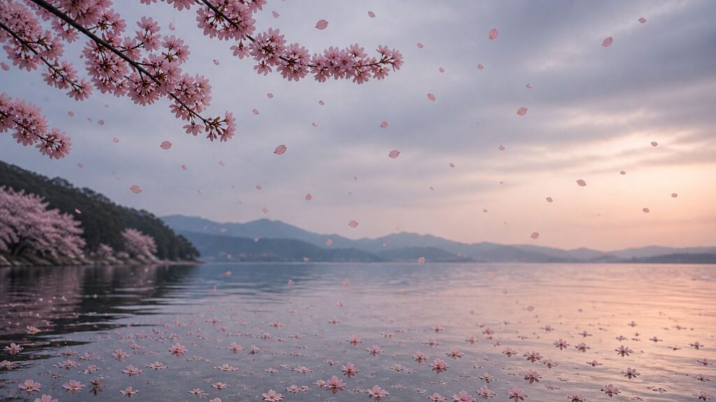 Cherry blossom petals falling in spring light embodying mono no aware the Japanese philosophy of bittersweet beauty in impermanence